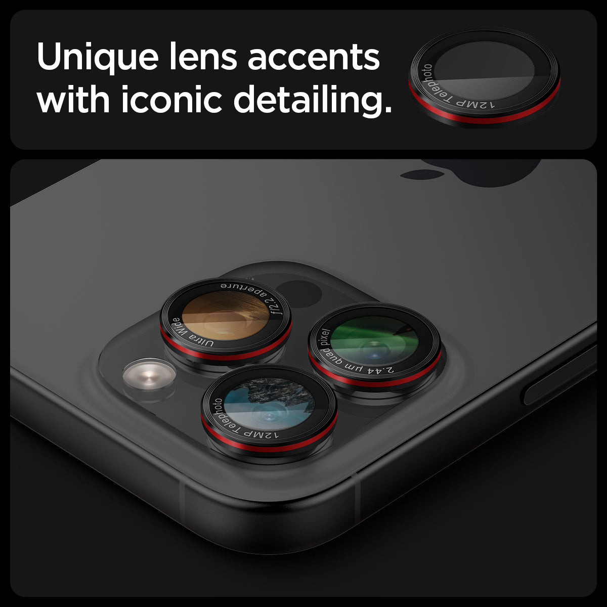 AGL05217 - iPhone 16 Pro / 16 Pro Max Optik Pro Lens Protector L-series showing the unique lens accents with iconic detailing