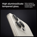 AGL07163 - iPhone 16 Pro / 16 Pro Max Optik Pro Lens Protector in natural titanium showing the high aluminosilicate tempered glass. Better resistant to scratch and stronger to impact than other tempered glass