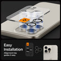 AGL07163 - iPhone 16 Pro / 16 Pro Max Optik Pro Lens Protector in natural titanium showing the easy installation. Alignment tray guides it easy