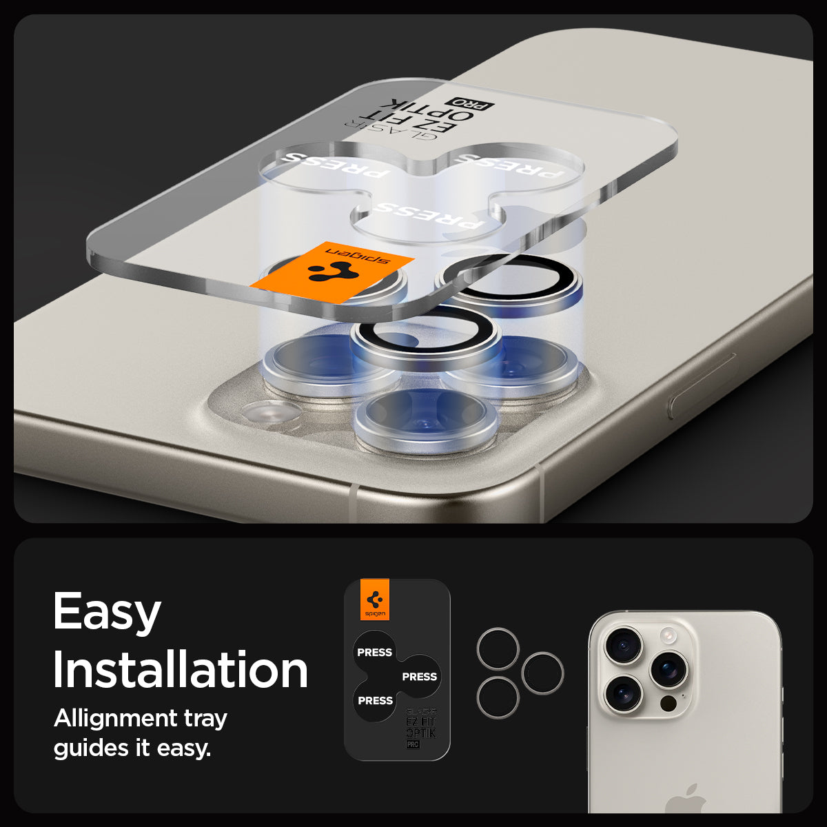 AGL07163 - iPhone 16 Pro / 16 Pro Max Optik Pro Lens Protector in natural titanium showing the easy installation. Alignment tray guides it easy