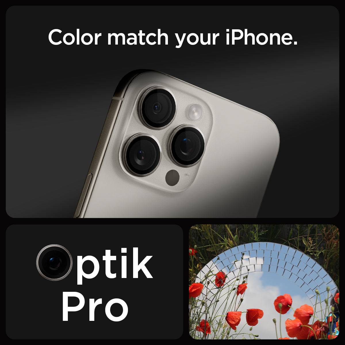 AGL07163 - iPhone 16 Pro / 16 Pro Max Optik Pro Lens Protector in natural titanium showing the partial back camera zoomed in