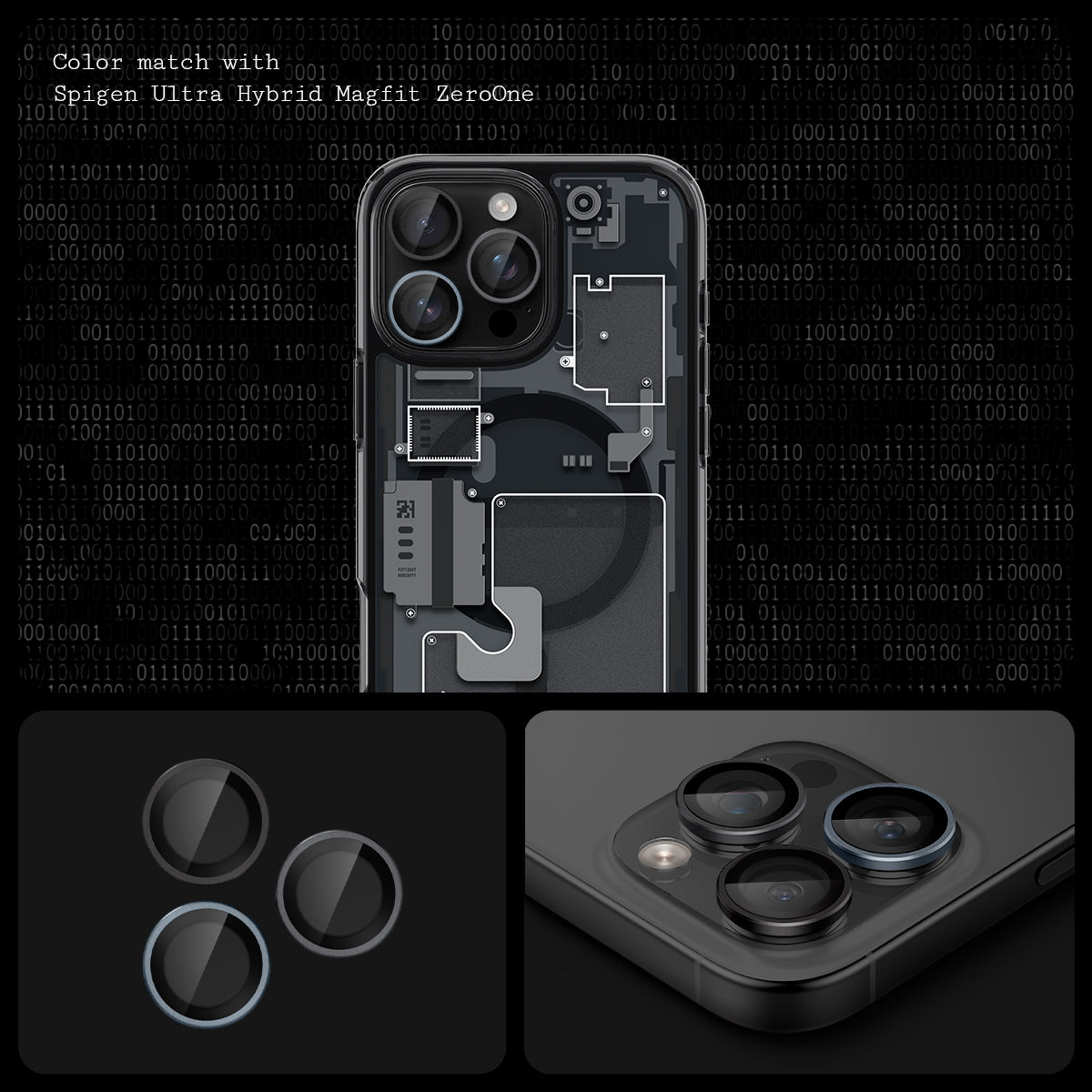 AGL06159 - iPhone 16 Pro / 16 Pro Max Optik Pro Lens Protector in zero one showing the different angles