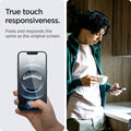 AGL03388 - iPhone 16e Screen Protector EZ FIT GLAS.tR Privacy showing the true touch responsiveness. Feels and responds the same as the original screen