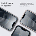 AGL03388 - iPhone 16e Screen Protector EZ FIT GLAS.tR Privacy showing the match made in heaven. Immaculate fit with all iPhone 13 | 13 Pro Spigen case collection