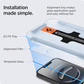 AGL03385 - iPhone 16e Plus Screen Protector EZ FIT GLAS.tR SLIM showing the installation made simple. Alignment tray makes glass application quick and easy without fail. Showing its parts: EZ Fit Tray, Alignment Film and Tempered Glass