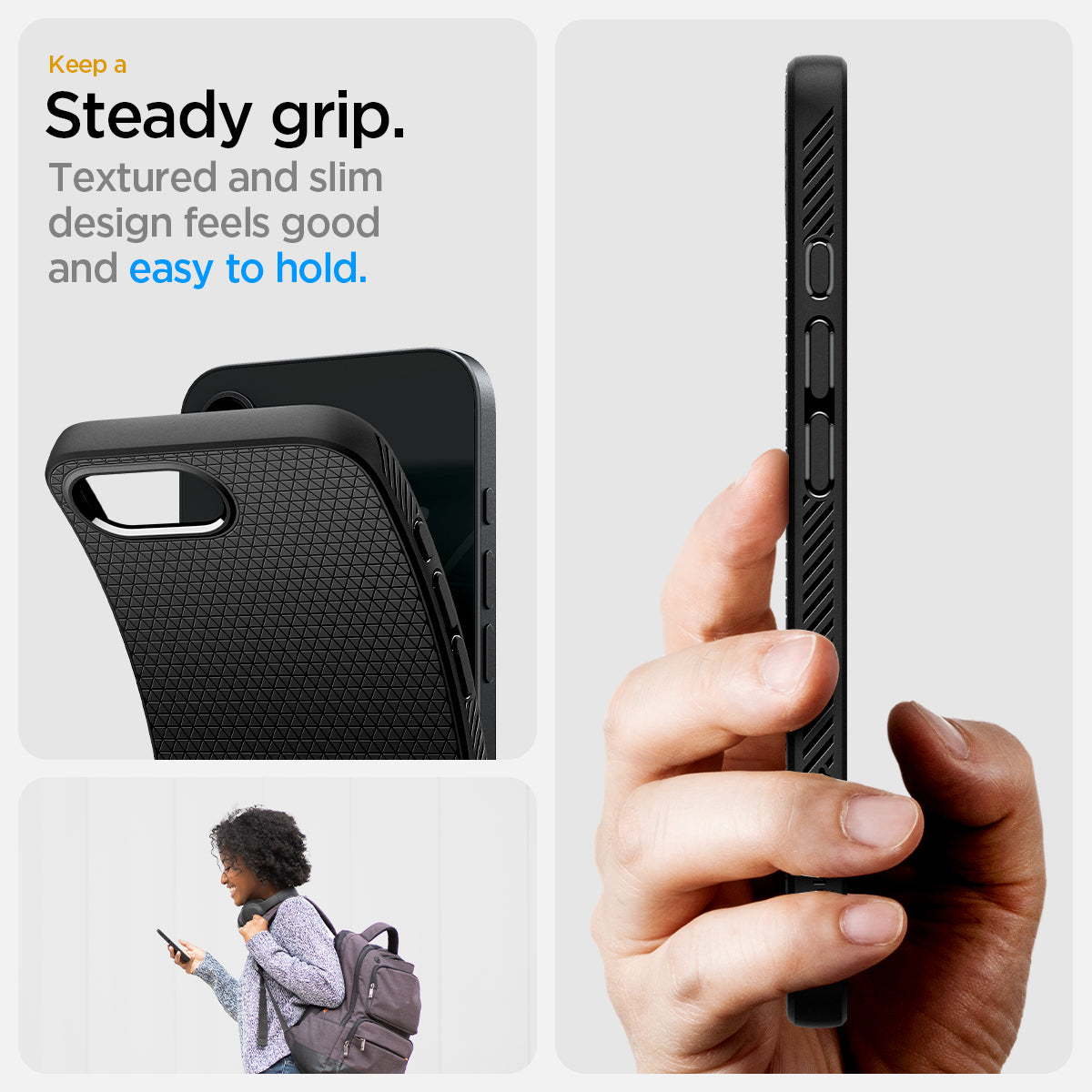 ACS09161 - iPhone 16e Case Liquid Air in Matte Black showing the steady grip feature. Textured and slim design feels good and easy to hold