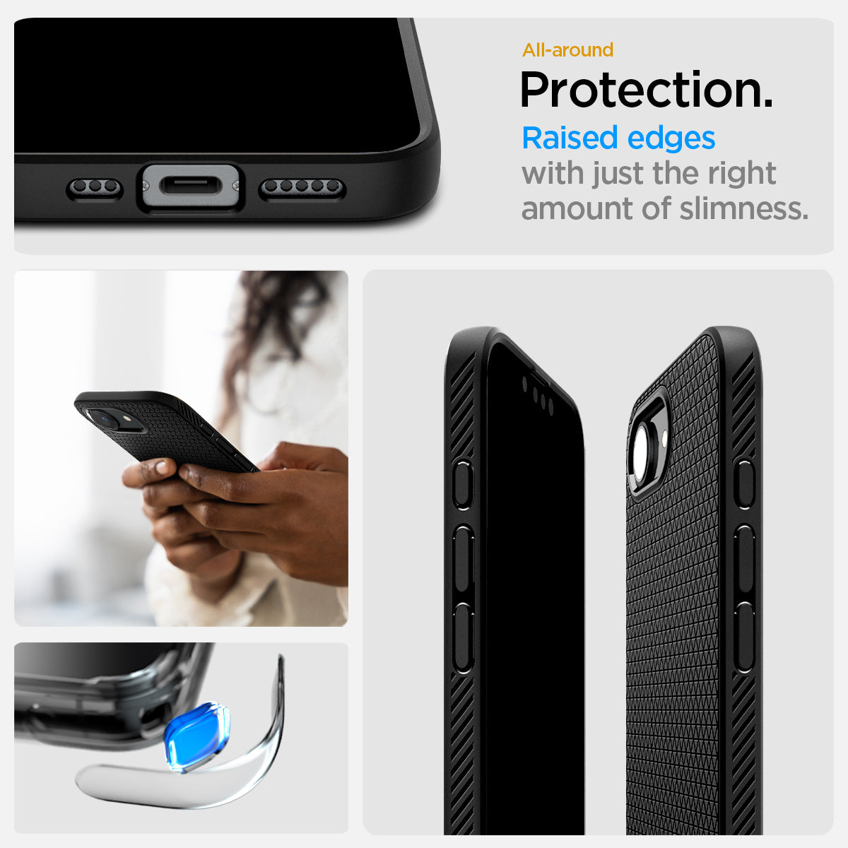 ACS09161 - iPhone 16e Case Liquid Air in Matte Black showing the all-around protection. Raised edges with just the right amount of slimness