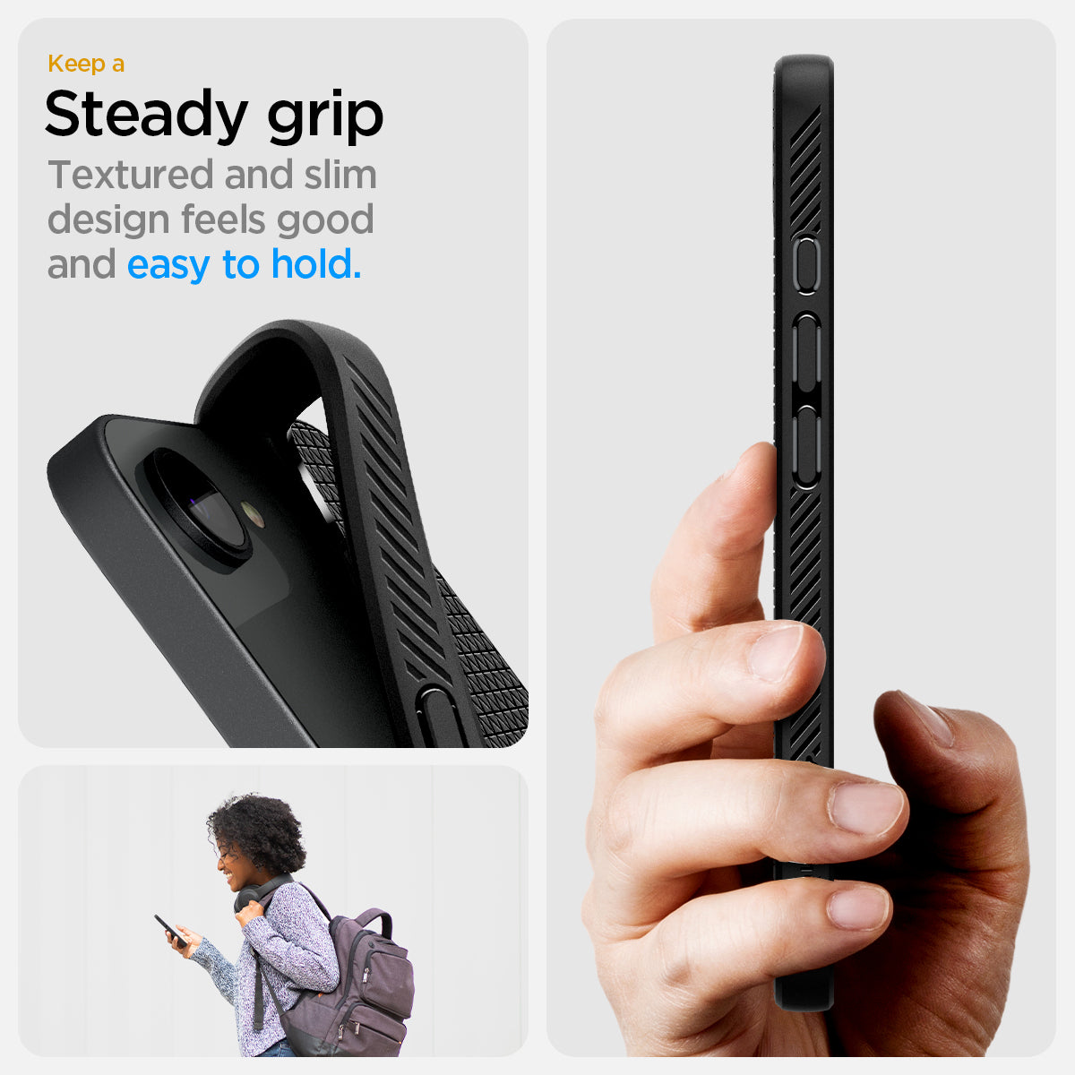 ACS09151 - iPhone 16e Case Liquid Air (MagFit) in Matte Black showing the steady grip feature. Textured and slim design feels good and easy to hold