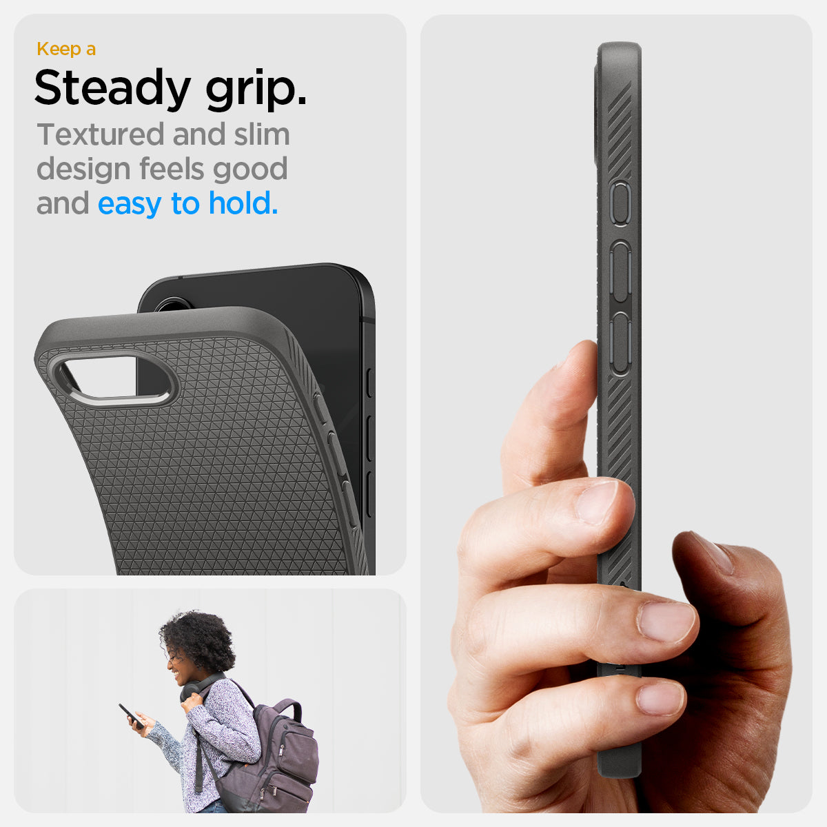 ACS09532 - iPhone 16e Case Liquid Air in Marble Gray showing the steady grip. Textured and slim design feels good and easy to hold
