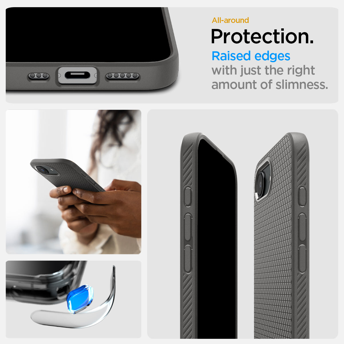 ACS09532 - iPhone 16e Case Liquid Air in Marble Gray showing the all-around protection. Raised edges with just the right amount of slimness