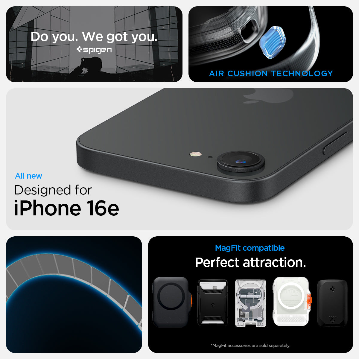 ACS09152 - iPhone 16e Case Rugged Armor (MagFit) in Matte Black showing the all new design for iPhone 16e with air cushion technology and MagFit compatible