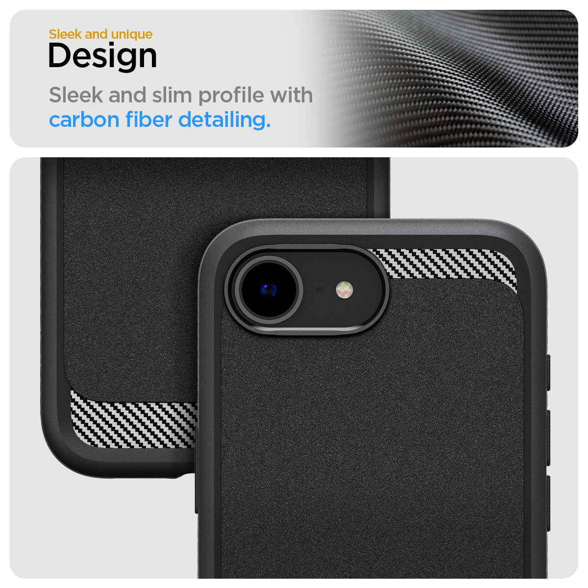 ACS09152 - iPhone 16e Case Rugged Armor (MagFit) in Matte Black showing the sleek and unique design. Sleek and slim profile with carbon fiber detailing