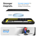 ACS09152 - iPhone 16e Case Rugged Armor (MagFit) in Matte Black showing the stronger magnets. Stronger magnets for easy, secure, and snappy connectivity. Magnet strength 925gf