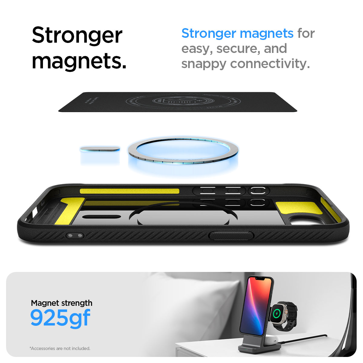 ACS09152 - iPhone 16e Case Rugged Armor (MagFit) in Matte Black showing the stronger magnets. Stronger magnets for easy, secure, and snappy connectivity. Magnet strength 925gf