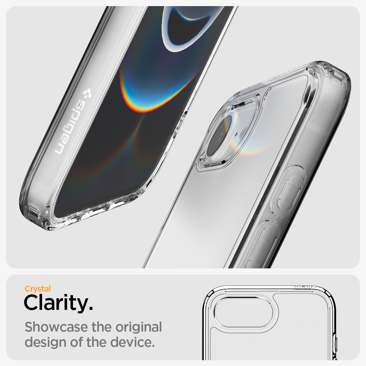 ACS09160 - iPhone 16e Case Ultra Hybrid in Crystal Clear showing the crystal clarity. Showcase the original design of the device