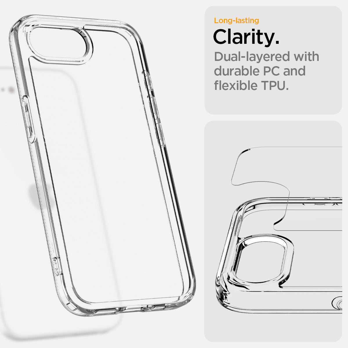 ACS09160 - iPhone 16e Case Ultra Hybrid in Crystal Clear showing the long lasting clarity. Dual-layered with durable PC and flexible TPU
