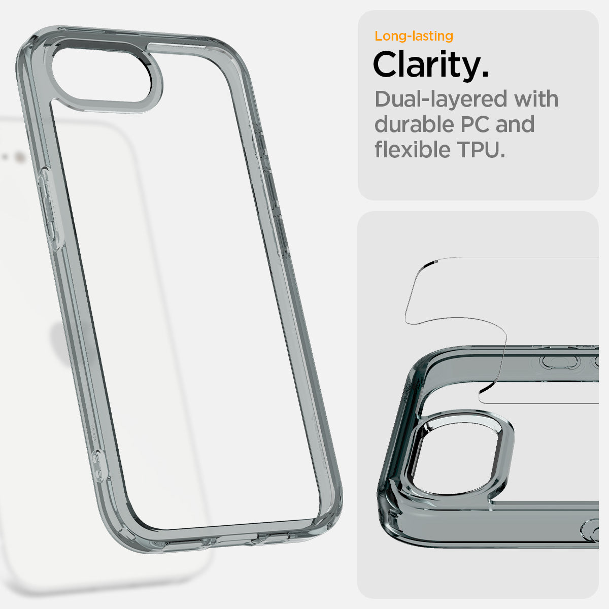  ACS09531 - iPhone 16e Case Ultra Hybrid in Space Crystal showing the long lasting clarity. Dual-layered with durable PC and flexible TPU