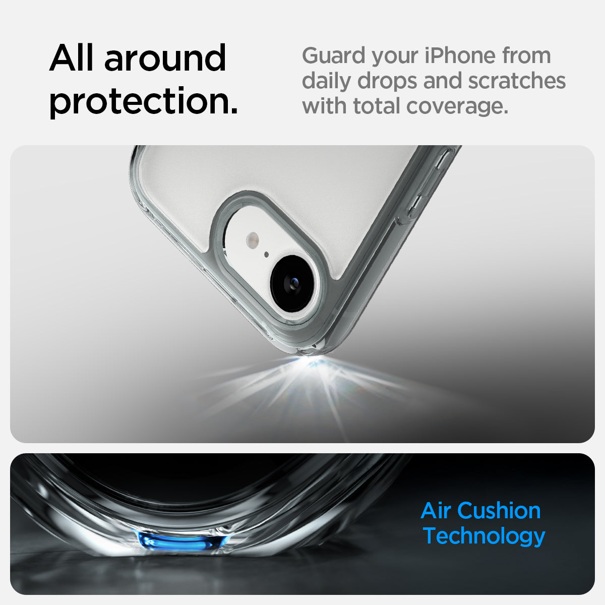 ACS09531 - iPhone 16e Case Ultra Hybrid in Space Crystal showing the all around protection. Guard your iPhone from daily drops and scratches with total coverage with Air Cushion Technology