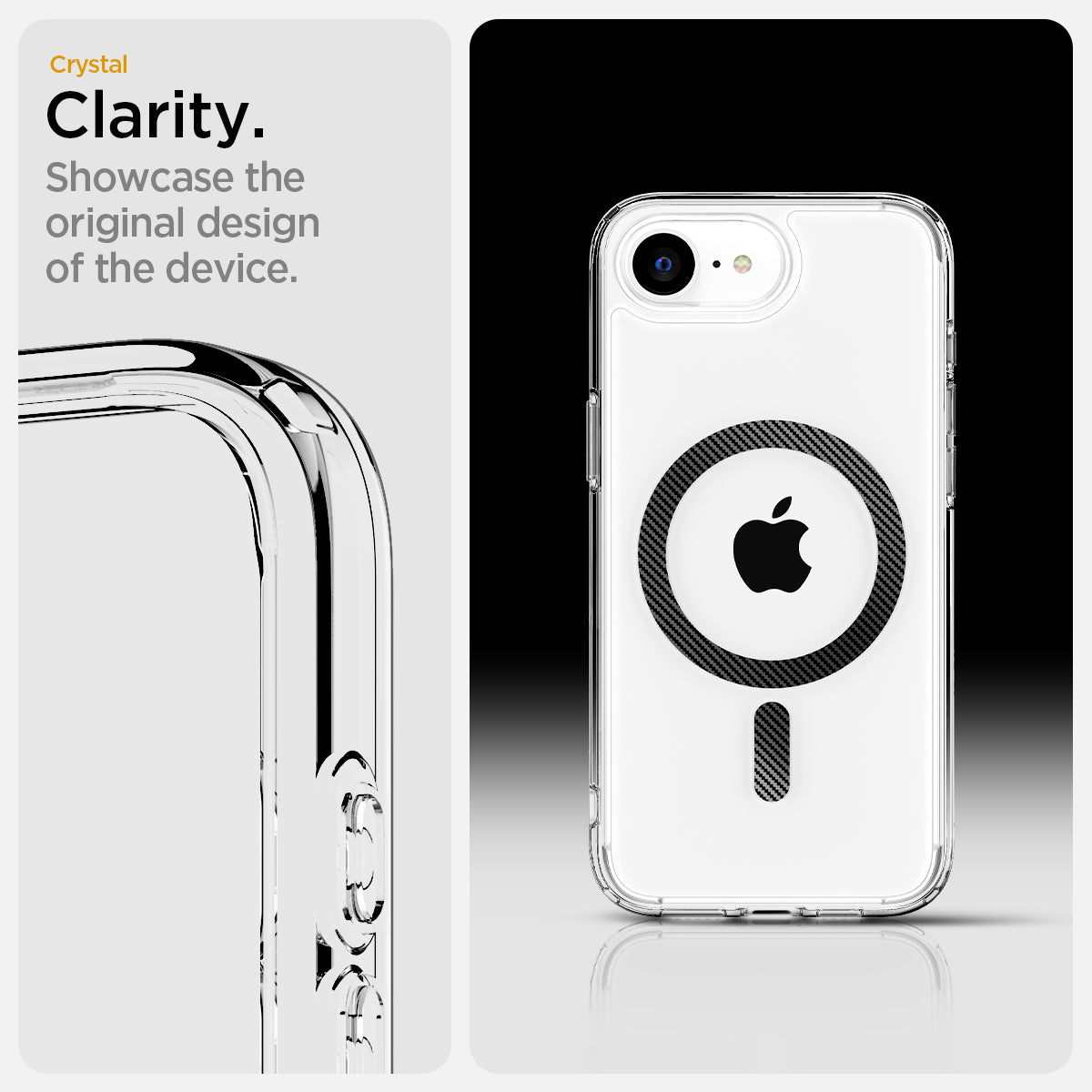ACS09140 - iPhone 16e Case Ultra Hybrid (MagFit) in Carbon Fiber showing the crystal clarity. Showcase the original design of the device