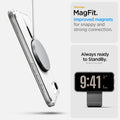 ACS09140 - iPhone 16e Case Ultra Hybrid (MagFit) in Carbon Fiber showing the stronger MagFit. Improved magnets for snappy and strong connection. Always ready to StandBy