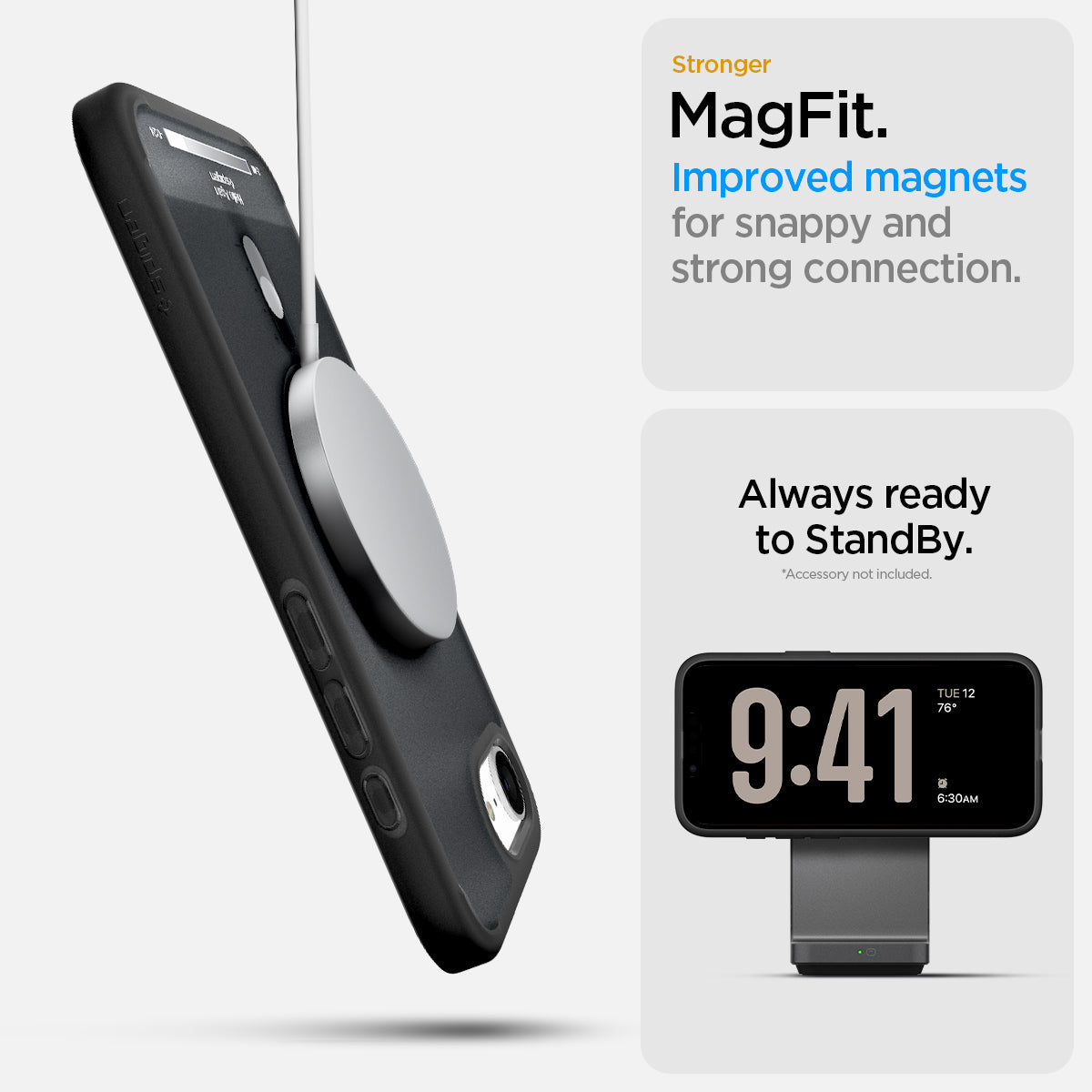 ACS09146 - iPhone 17e Case Ultra Hybrid Classic (MagFit) in Classic Black showing the stronger MagFit. Improved magnets for snappy and strong connection. Always ready to StandBy