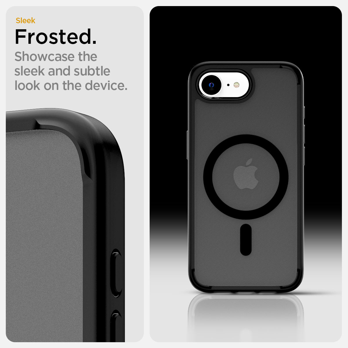 ACS09144 - iPhone 16e Case Ultra Hybrid (MagFit) in Frost Black showing the sleek frosted. Showcase the sleek and subtle look on the device