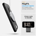 ACS09144 - iPhone 16e Case Ultra Hybrid (MagFit) in Frost Black showing the stronger MagFit. Improved magnets for snappy and strong connection. Always ready to StandBy