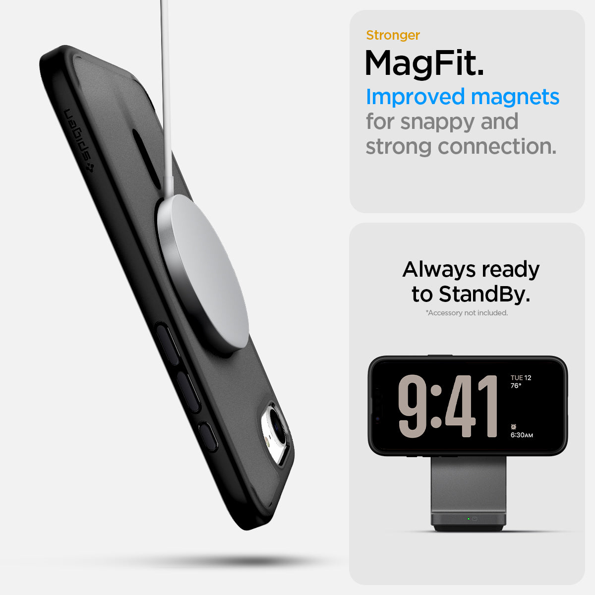 ACS09144 - iPhone 16e Case Ultra Hybrid (MagFit) in Frost Black showing the stronger MagFit. Improved magnets for snappy and strong connection. Always ready to StandBy