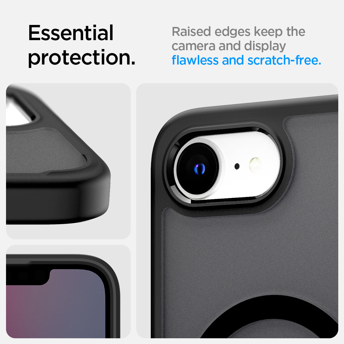 ACS09144 - iPhone 16e Case Ultra Hybrid (MagFit) in Frost Black showing the essential protection. Raised edge keep the camera and display flawless and scratch-free