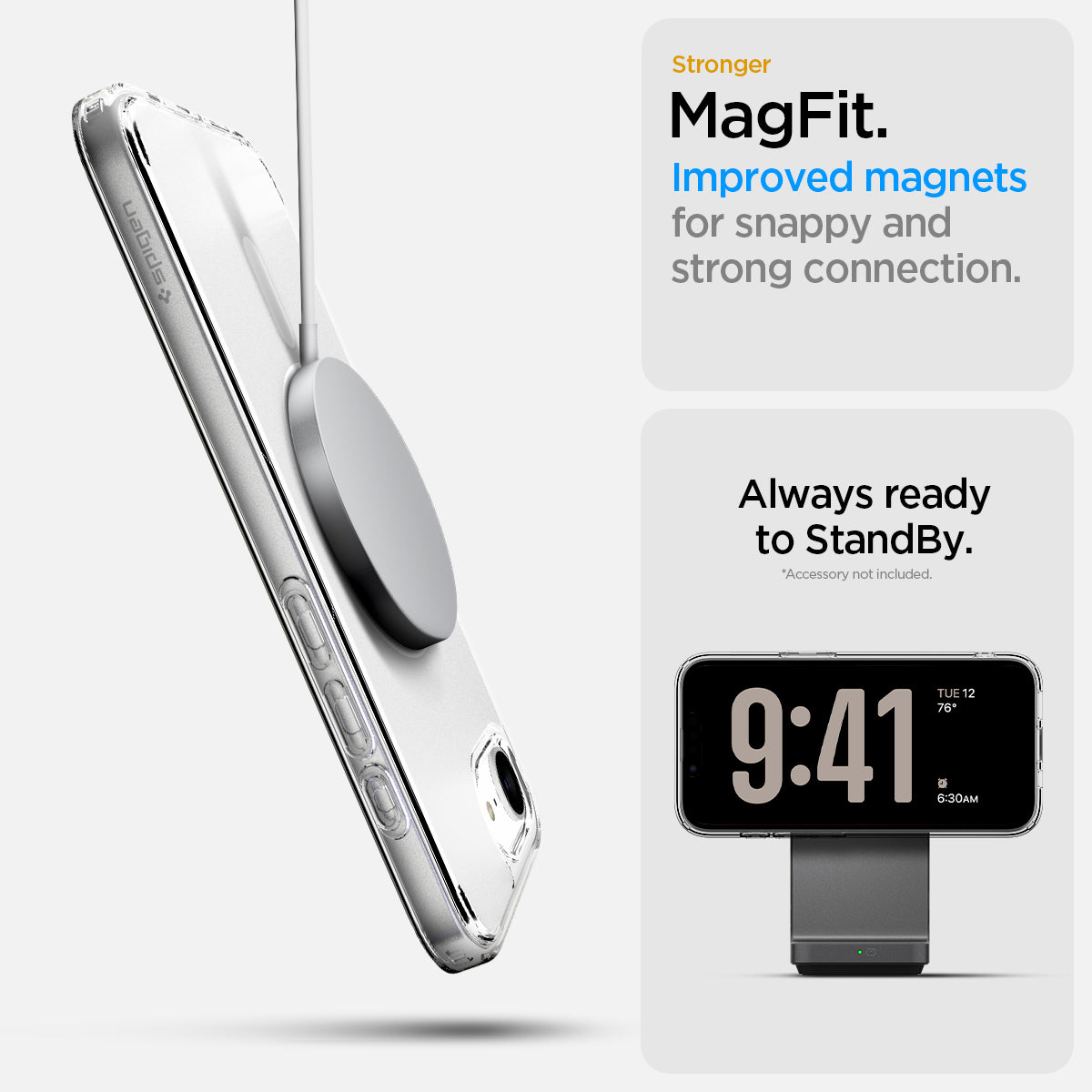 ACS09145 - iPhone 16e Case Ultra Hybrid (MagFit) in Frost White showing the stronger MagFit. Improved magnets for snappy and strong connection. Always ready to StandBy