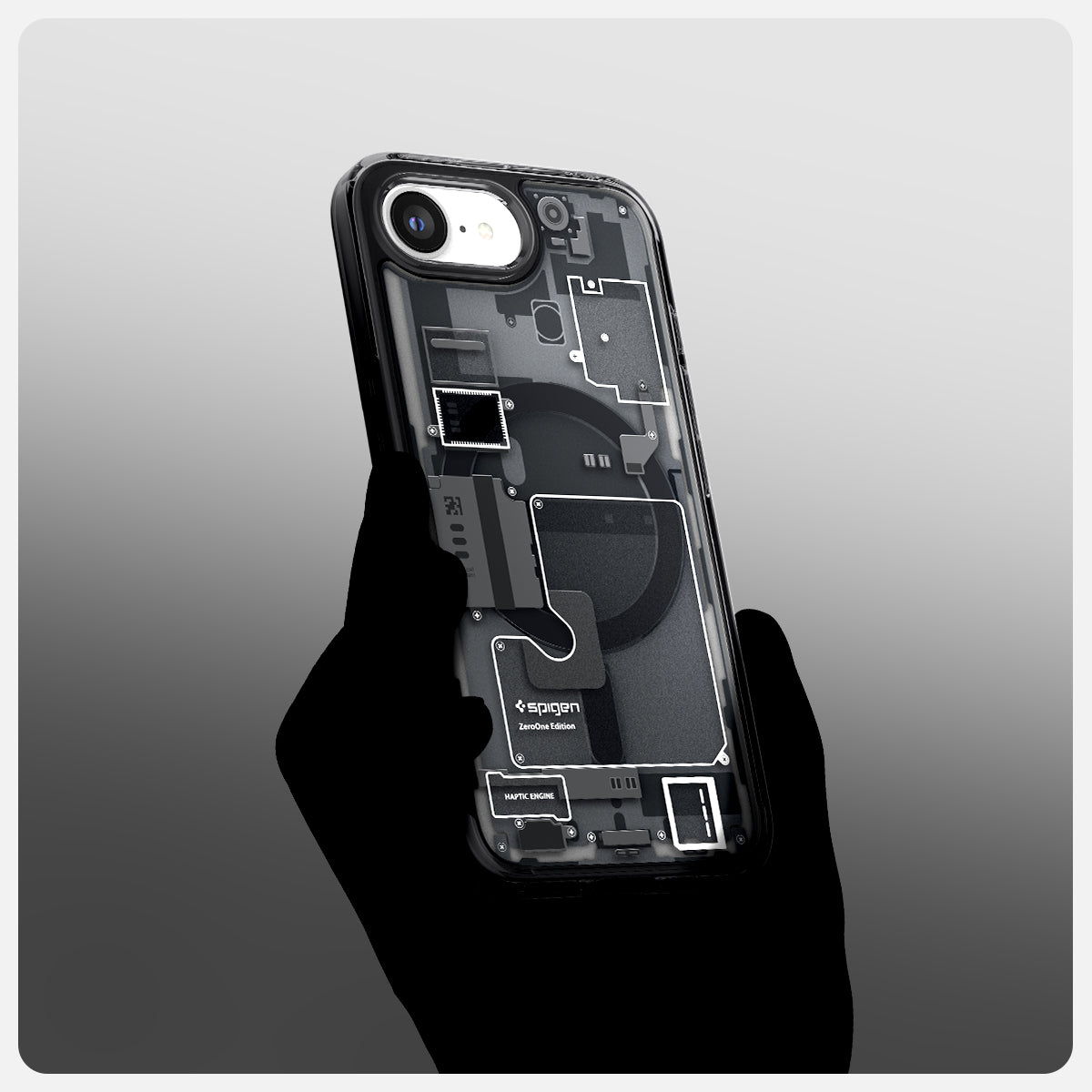 ACS09141 - iPhone 16e Case Ultra Hybrid Zero One (MagFit) in Zero One showing the back, and partial side of the case with the device while being held by a person's hand
