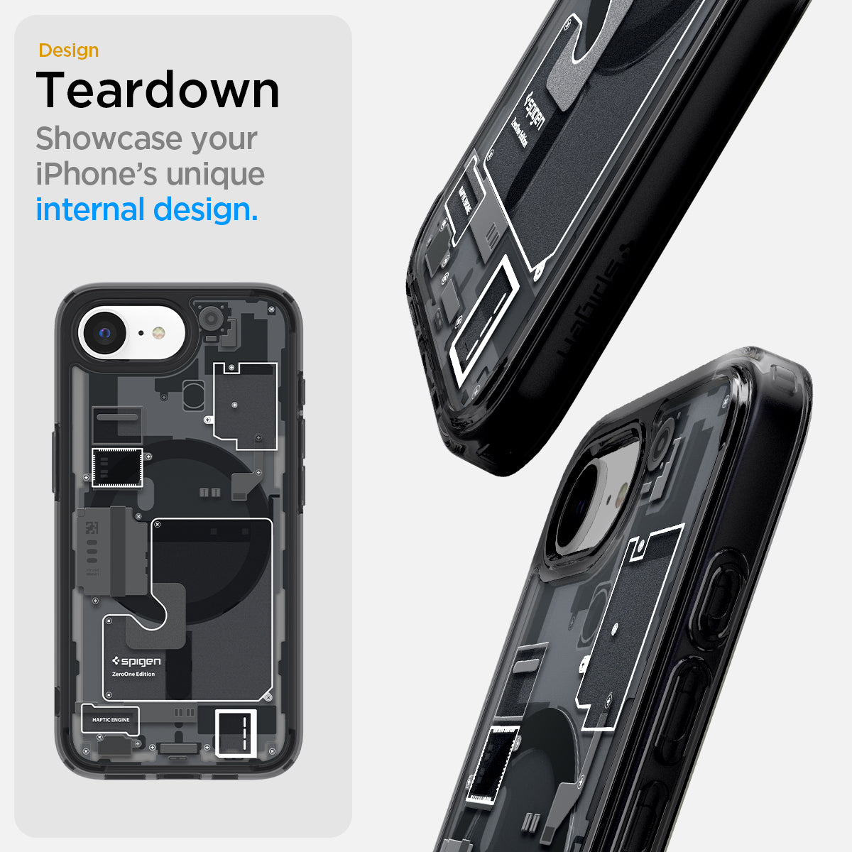 ACS09141 - iPhone 16e Case Ultra Hybrid Zero One (MagFit) in Zero One showing the design teardown. Showcase your iPhone's unique internal design