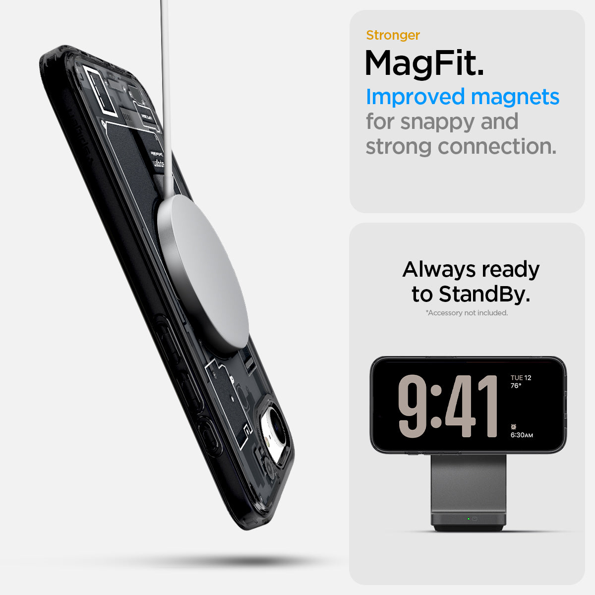 ACS09141 - iPhone 17e Case Ultra Hybrid Zero One (MagFit) in Zero One showing the stronger MagFit. Improved magnets for snappy and strong connection. Always ready to standby