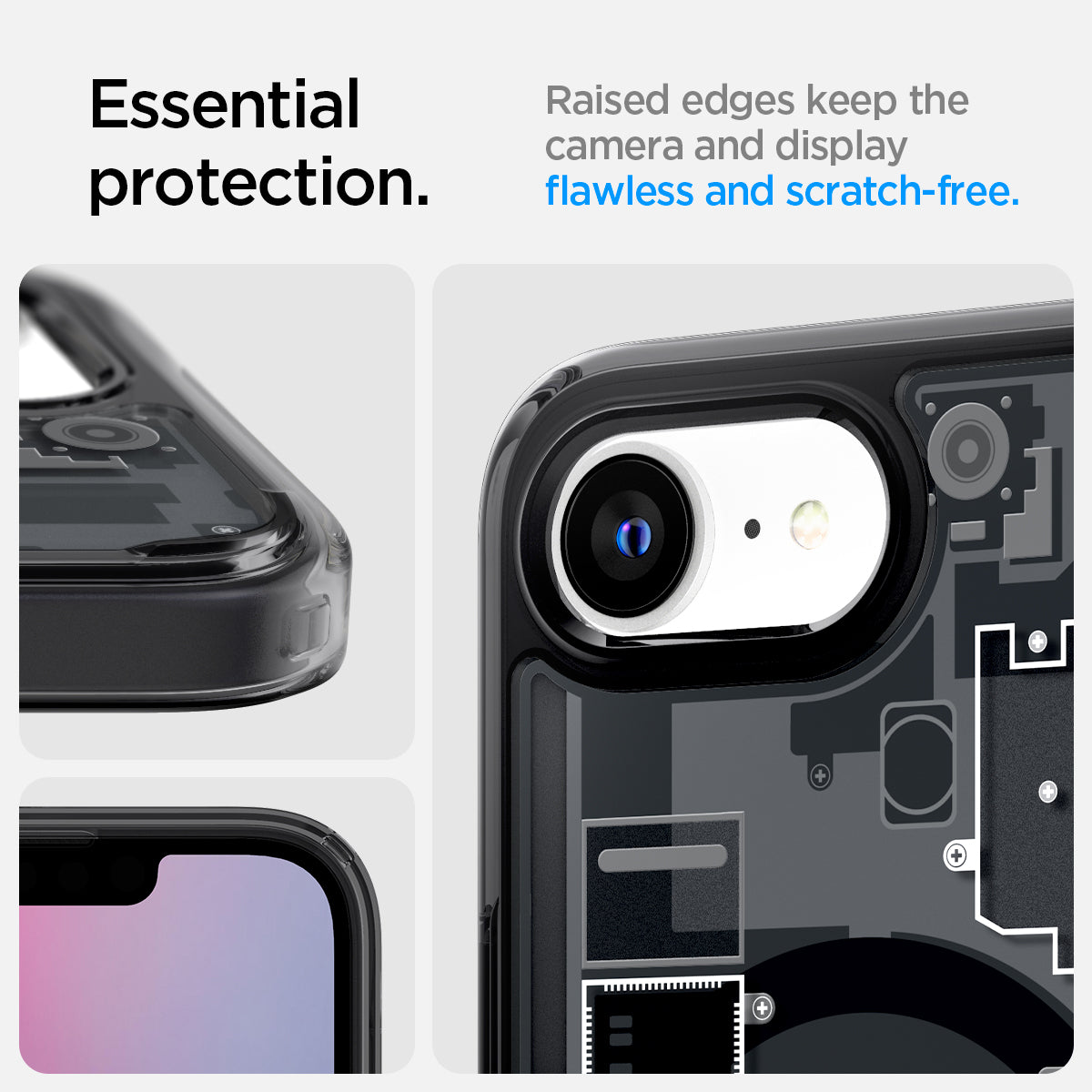 ACS09141 - iPhone 16e Case Ultra Hybrid Zero One (MagFit) in Zero One showing the essential protection. Raised edges keep the camera and display flawless and scratch-free