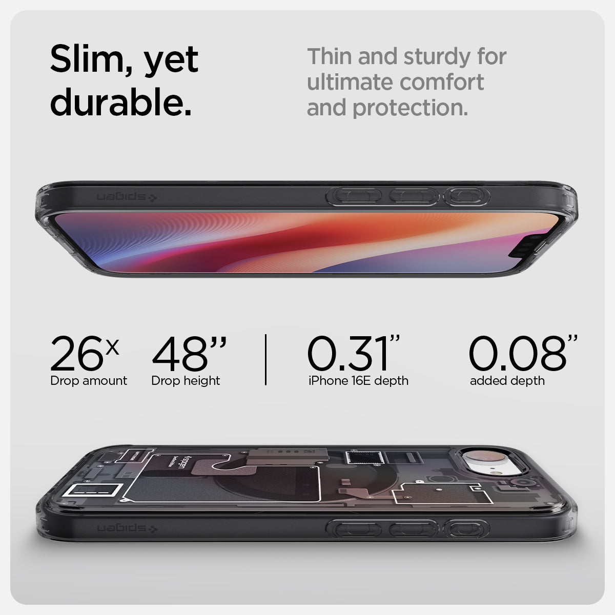ACS09141 - iPhone 16e Case Ultra Hybrid Zero One (MagFit) in Zero One showing the slim, yet durable. Thin and sturdy for ultimate comfort and protection with 26x drop amount 48" drop height | 0.31" iPhone16E depth, 0.08" added depth