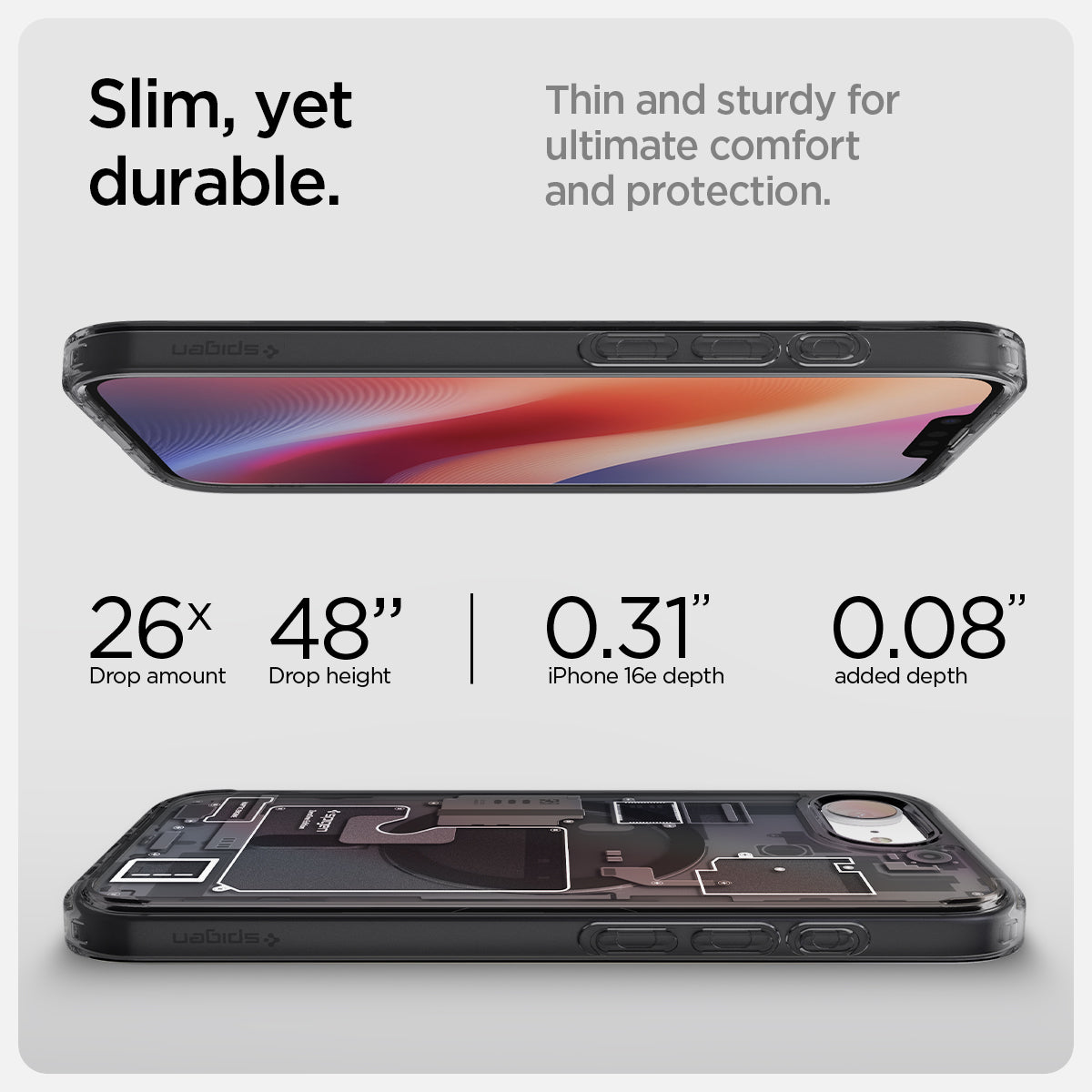 ACS09141 - iPhone 17e Case Ultra Hybrid Zero One (MagFit) in Zero One showing the slim, yet durable. Thin and sturdy for ultimate comfort and protection with 26x drop amount 48" drop height | 0.31" iPhone16E depth, 0.08" added depth