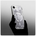 ACS09142 - iPhone 16e Case Ultra Hybrid Zero One (MagFit) in Zero One White showing the back, and partial side of the case with the device while being held by a person's hand