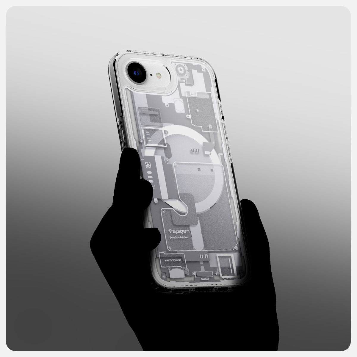 ACS09142 - iPhone 16e Case Ultra Hybrid Zero One (MagFit) in Zero One White showing the back, and partial side of the case with the device while being held by a person's hand