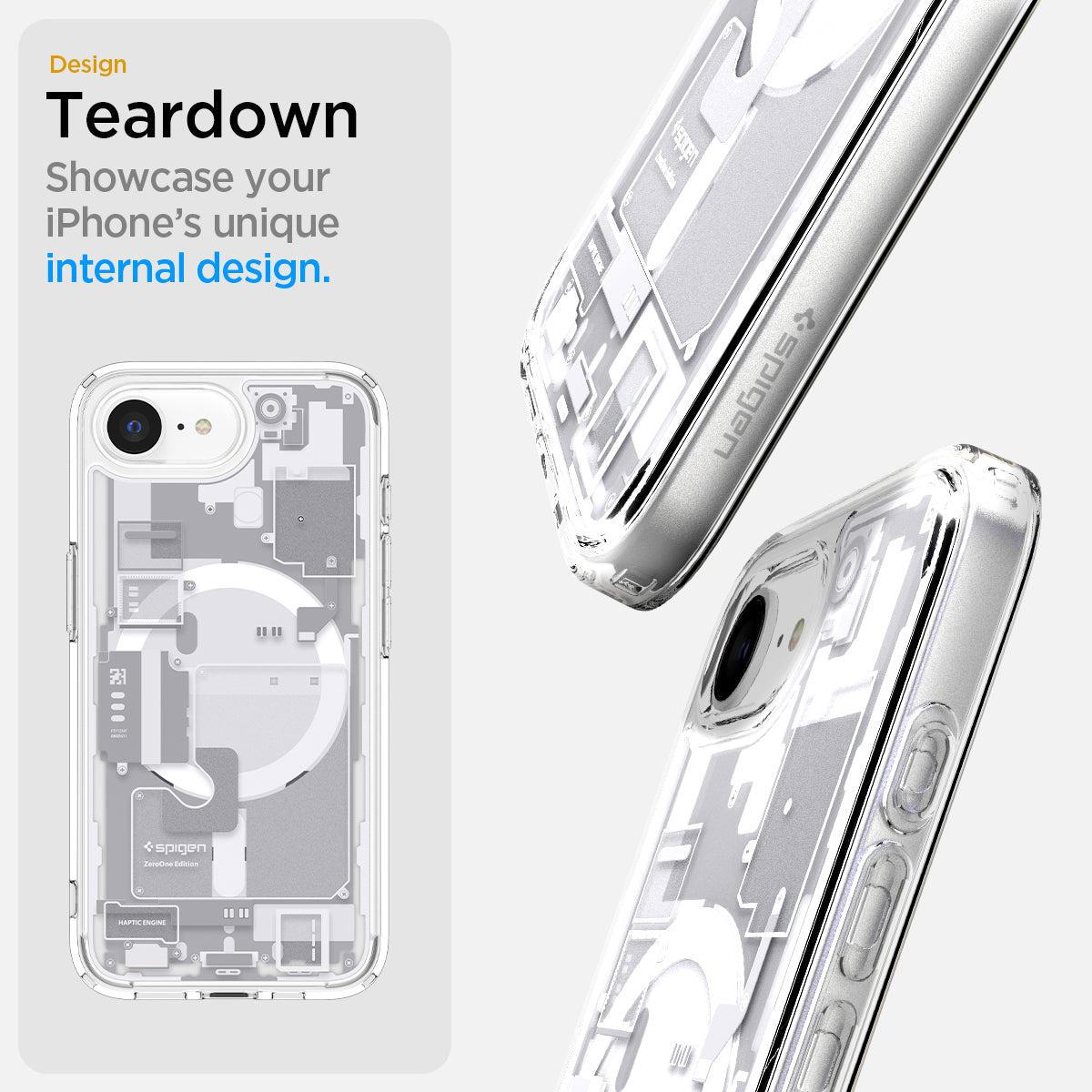 ACS09142 - iPhone 16e Case Ultra Hybrid Zero One (MagFit) in Zero One White showing the design teardown. Showcase your iPhone's unique internal design