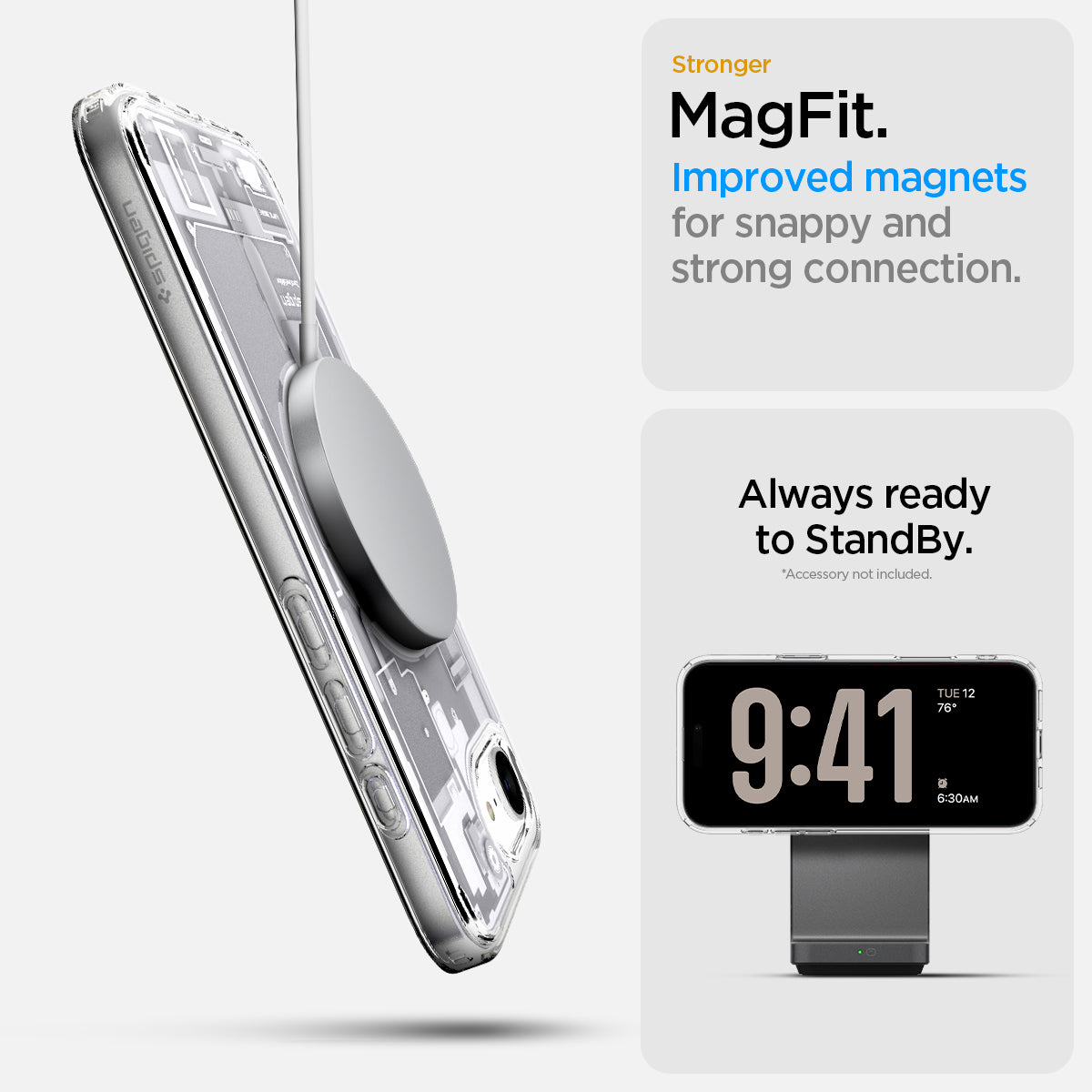 ACS09142 - iPhone 16e Case Ultra Hybrid Zero One (MagFit) in Zero One White showing the stronger MagFit. Improved magnets for snappy and strong connection. Always ready to standby