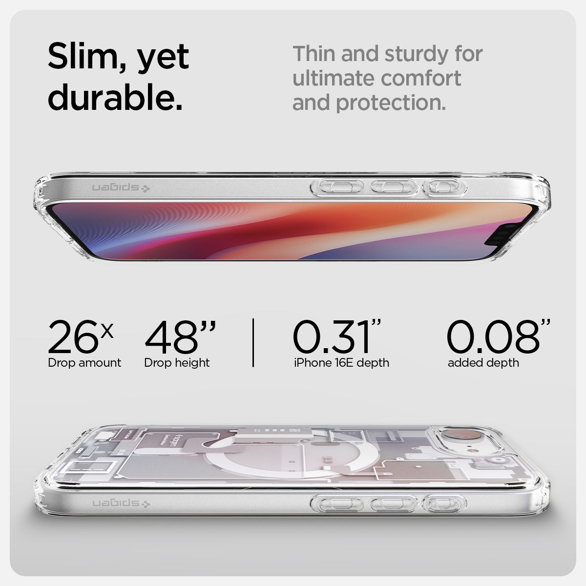 ACS09142 - iPhone 16e Case Ultra Hybrid Zero One (MagFit) in Zero One White showing the slim, yet durable. Thin and sturdy for ultimate comfort and protection with 26x drop amount 48" drop height | 0.31" iPhone16E depth, 0.08" added depth