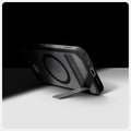 ACS09149 - iPhone 16e Case Ultra Hybrid S (MagFit) in Frost Black showing the back, partial side and bottom, propped up with the built-in kickstand