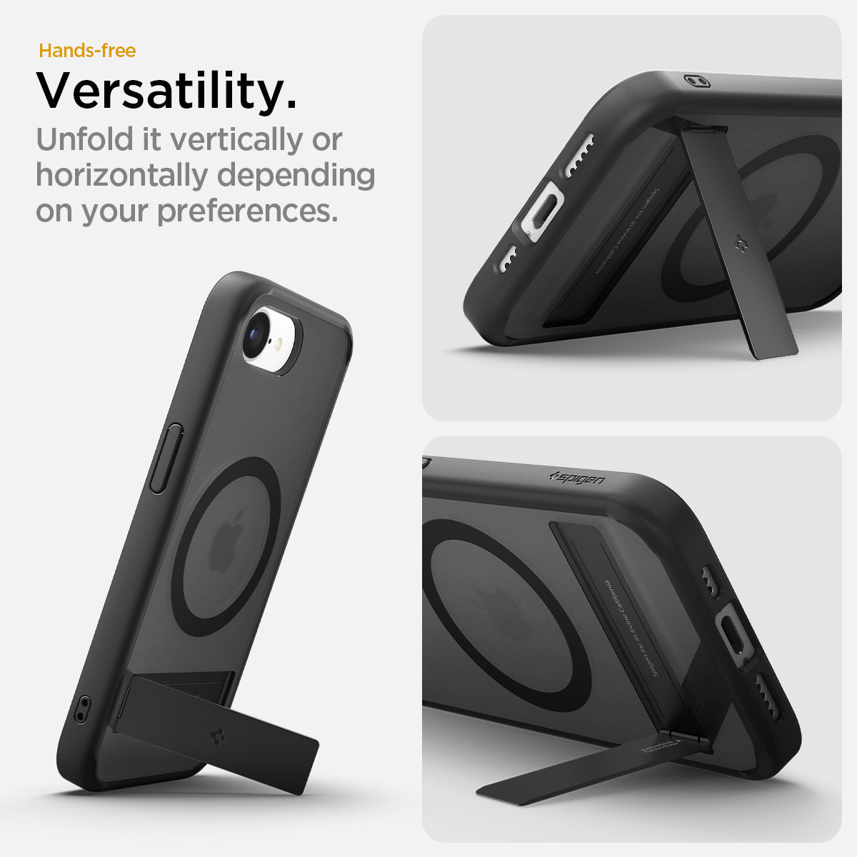 ACS09149 - iPhone 16e Case Ultra Hybrid S (MagFit) in Frost Black showing the hands-free versatility. Unfold it vertically or horizontally depending on your preferences