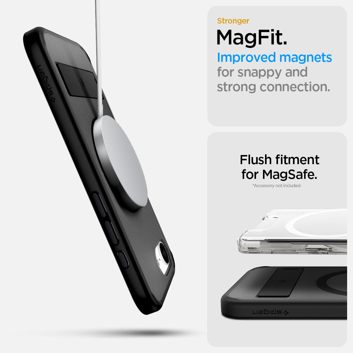 ACS09149 - iPhone 16e Case Ultra Hybrid S (MagFit) in Frost Black showing the stronger MagFit. Improved magnets for snappy and strong connection. Flush fitment for MagSafe