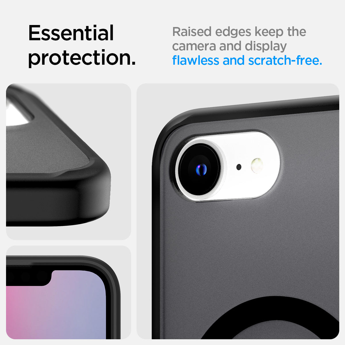 ACS09149 - iPhone 16e Case Ultra Hybrid S (MagFit) in Frost Black showing the essential protection. Raised edges kepp the camera and display flawless and scratch-free