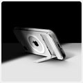 ACS09148 - iPhone 16e Case Ultra Hybrid S (MagFit) in Clear White showing the back, partial side and bottom, propped up with the built-in kickstand