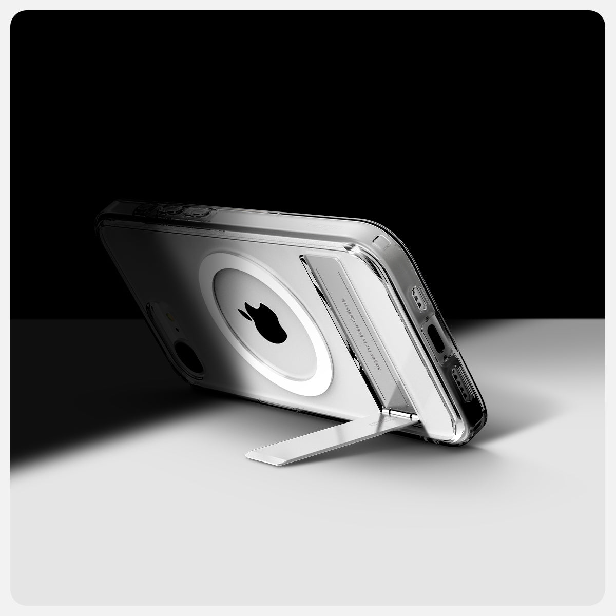 ACS09148 - iPhone 16e Case Ultra Hybrid S (MagFit) in Clear White showing the back, partial side and bottom, propped up with the built-in kickstand