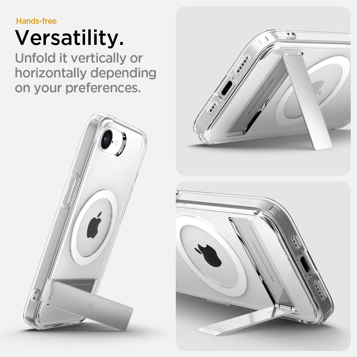 ACS09148 - iPhone 16e Case Ultra Hybrid S (MagFit) in Clear White showing the hands-free versatility. Unfold it vertically or horizontally depending on your preferences