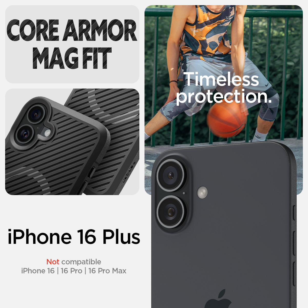 ACS08091 - iPhone 16 Plus Case Core Armor (MagFit) in Matte Black showing the timeless protection. Compatible with iPhone 16 Plus. Not compatible with iPhone 16 | 16 Pro | 16 Pro Max
