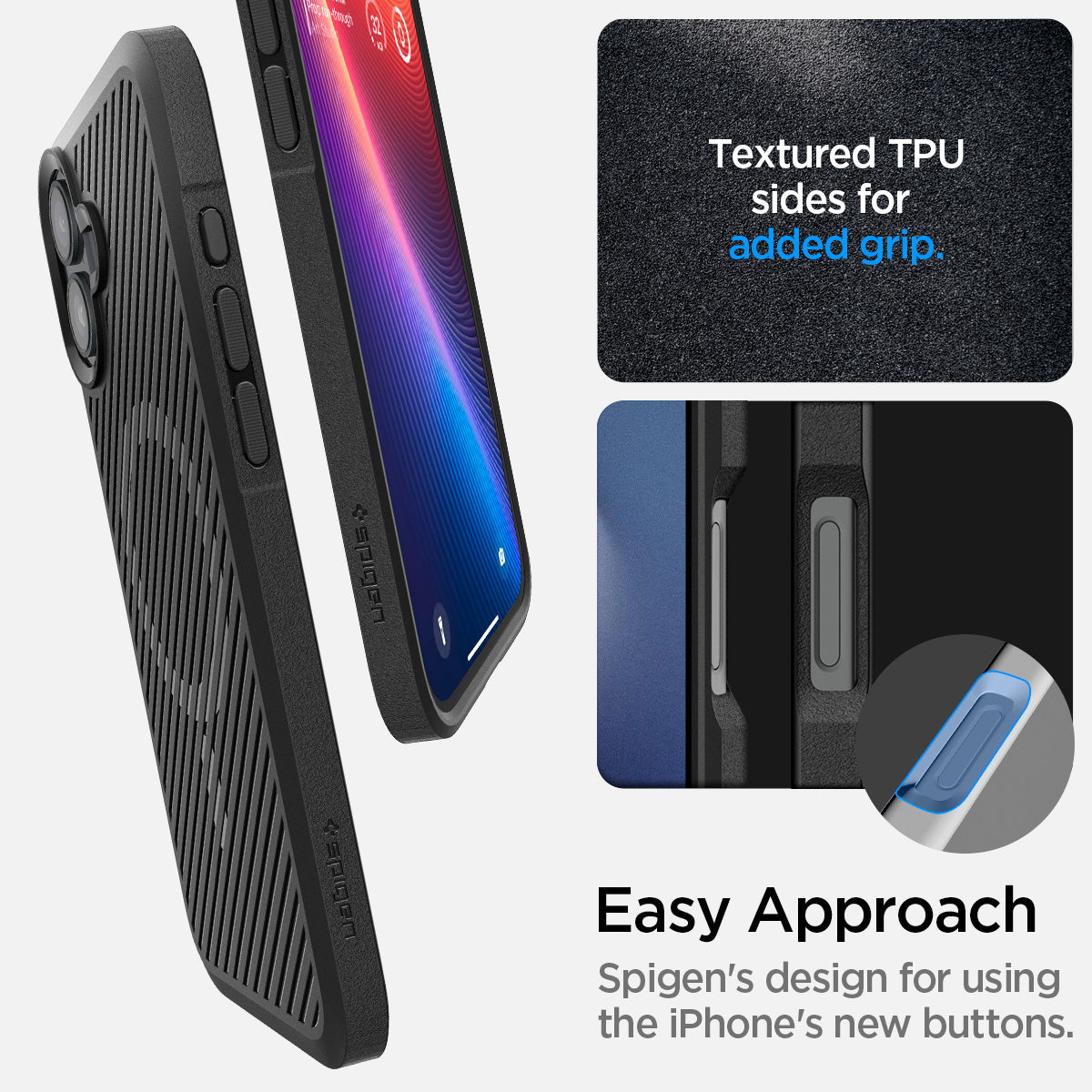 ACS08091 - iPhone 16 Plus Case Core Armor (MagFit) in Matte Black showing the easy approach. Spigen's design for using the iPhone's new buttons. Textured TPU sides for added grip